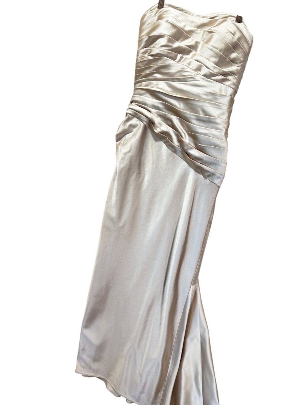 Niteline Vintage 90's Champagne Metallic Satin Strapless Gown Ruched Bodice Eleg